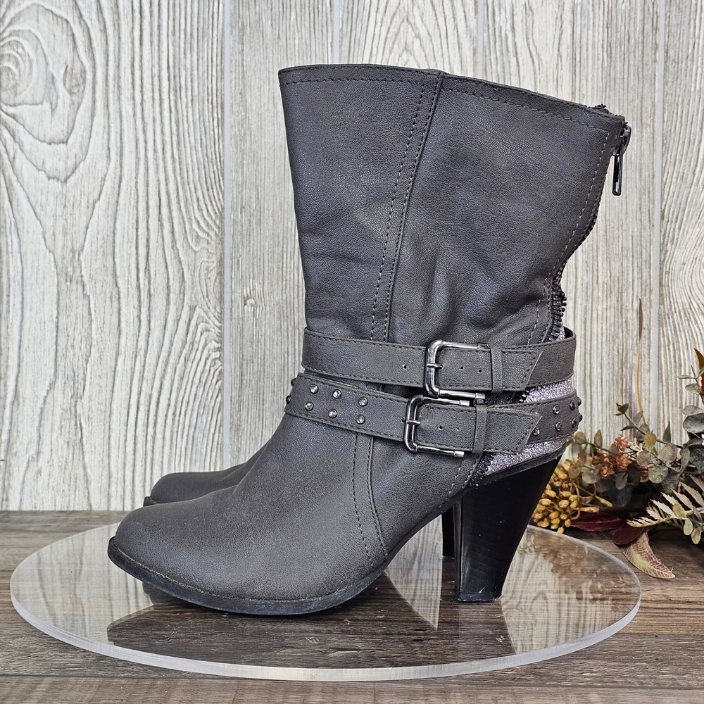 Vanity VANLB001 Gray Studded Buckle Glitter Detail‎ Mid Calf Boots Women's 9